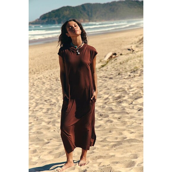 Free People Free-est All Day Long Midi T-Shirt Dress Chocolate Beach XS 283782 - Picture 2 of 9